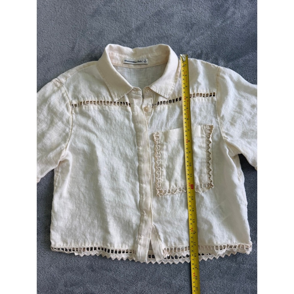 Abercrombie Linen Ivory Boxy Short-Sleeve Button-Down Lace Trim Coastal Summer S - Picture 6 of 8